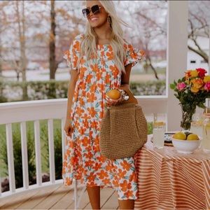Entro orange floral ruffle sleeve midi dress